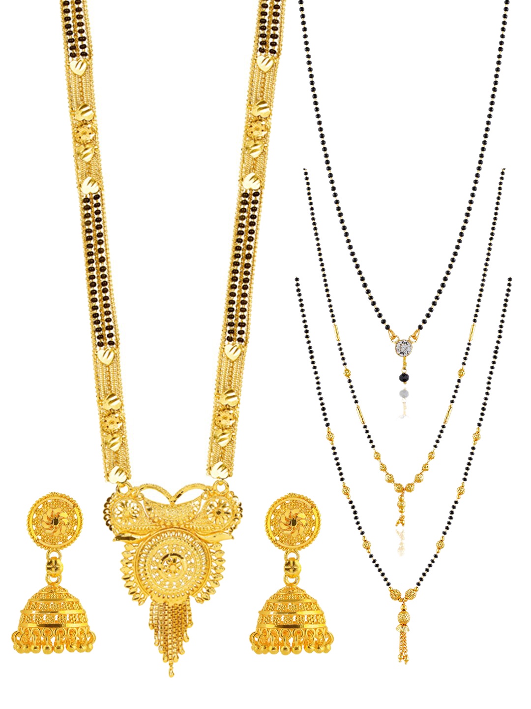 

Brandsoon 5 Pc Gold-Plated Black Beaded Mangalsutra & Earrings Set