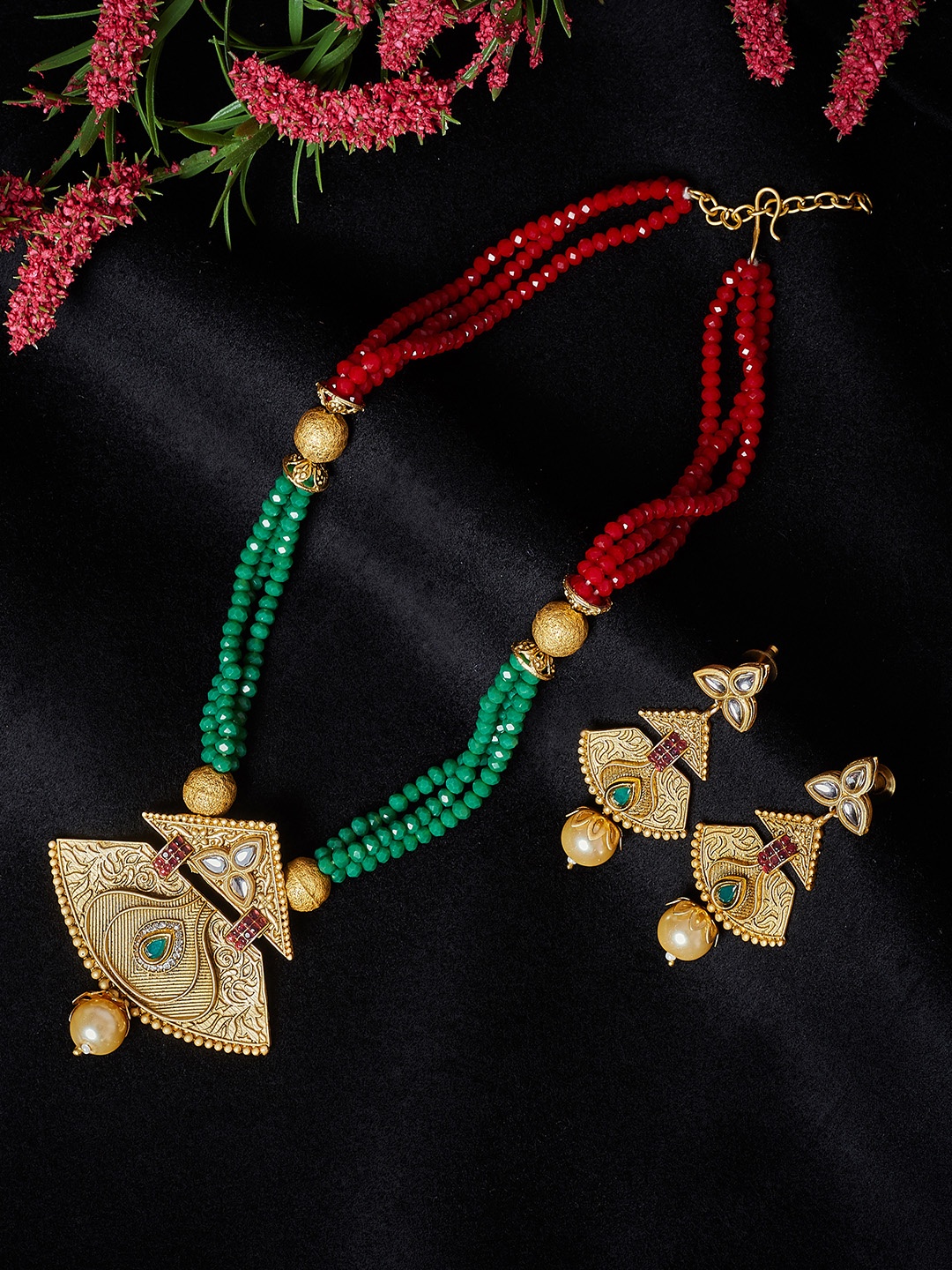 

PANASH Gold-Plated Green & Red Beaded Jewellery Set