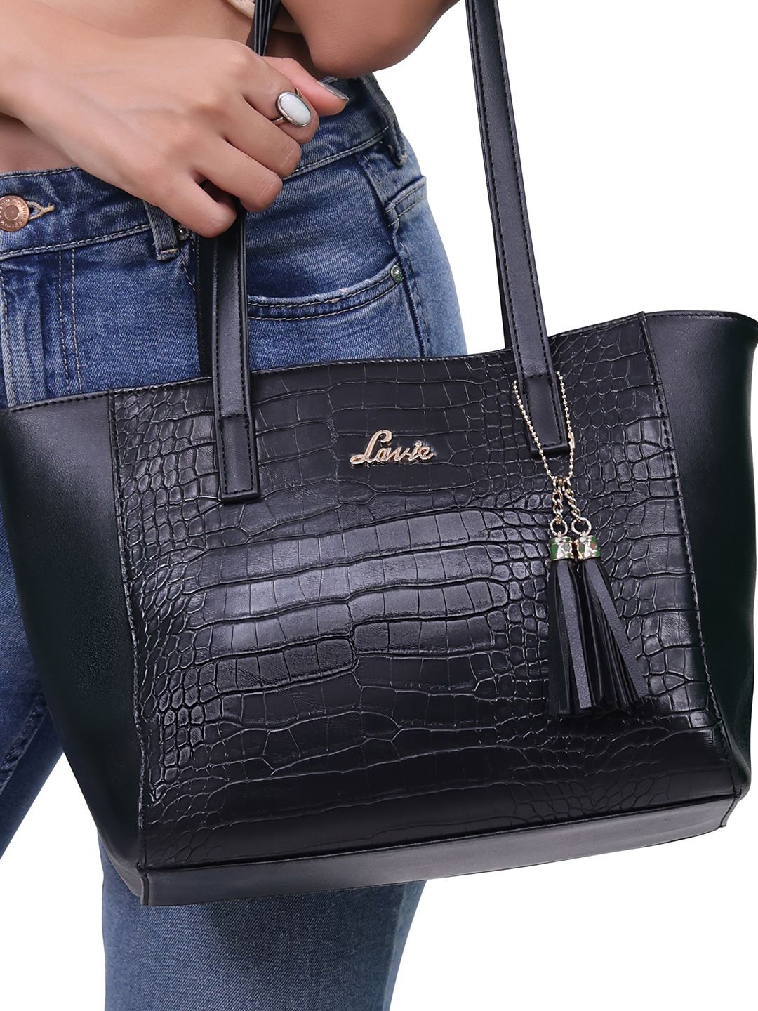 

Lavie Betty Black Animal Textured Structured Shoulder Bag with Glossy Tasselled Detail