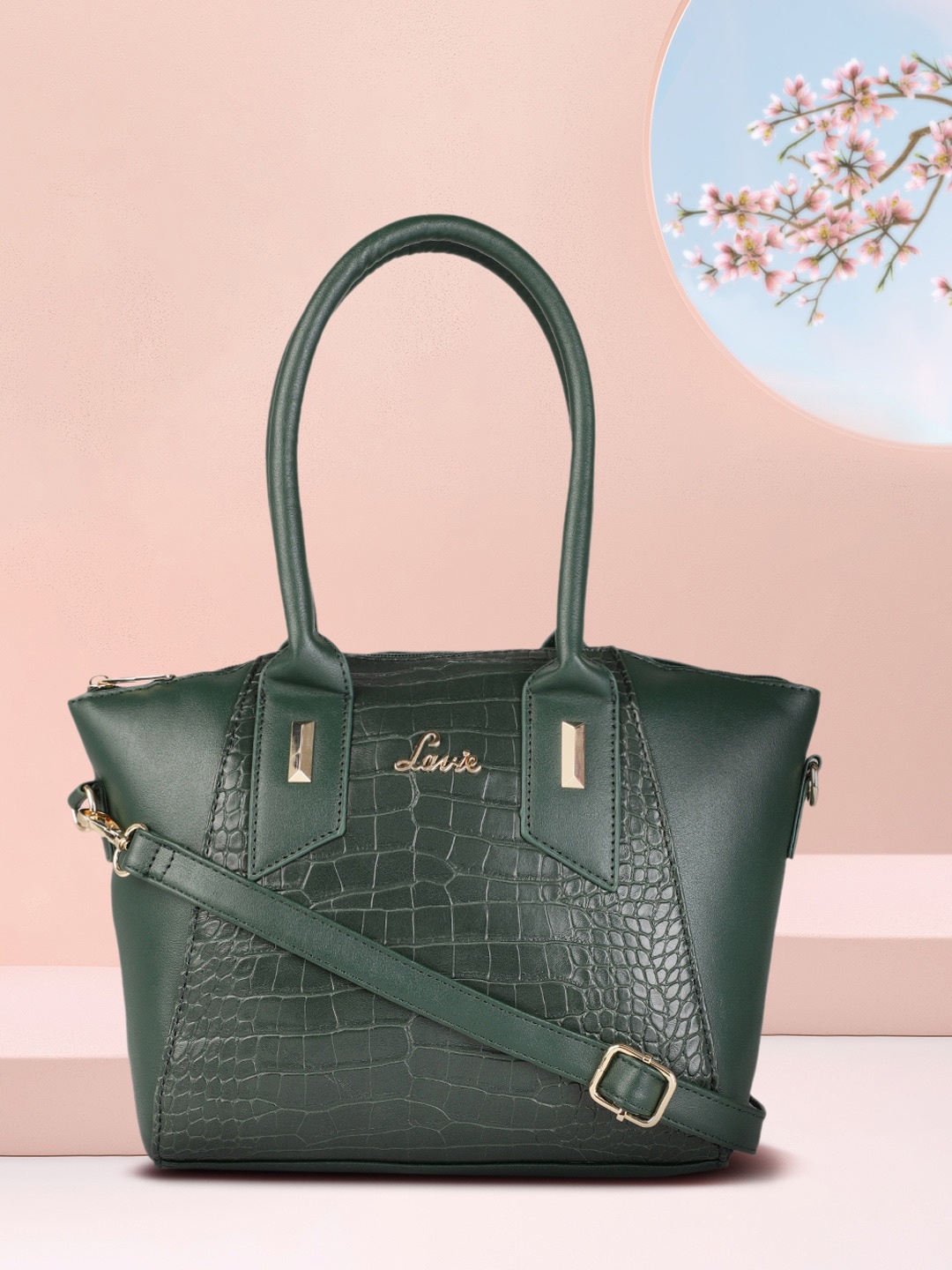 

Lavie Women Glossy Pammy Green Animal Textured PU Structured Satchel Bag