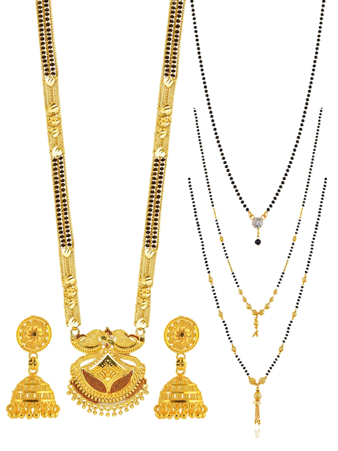 

Brandsoon Set Of 4 Gold-Plated White Stone-Studded & Black Beaded Mangalsutra With Earrings, Multi