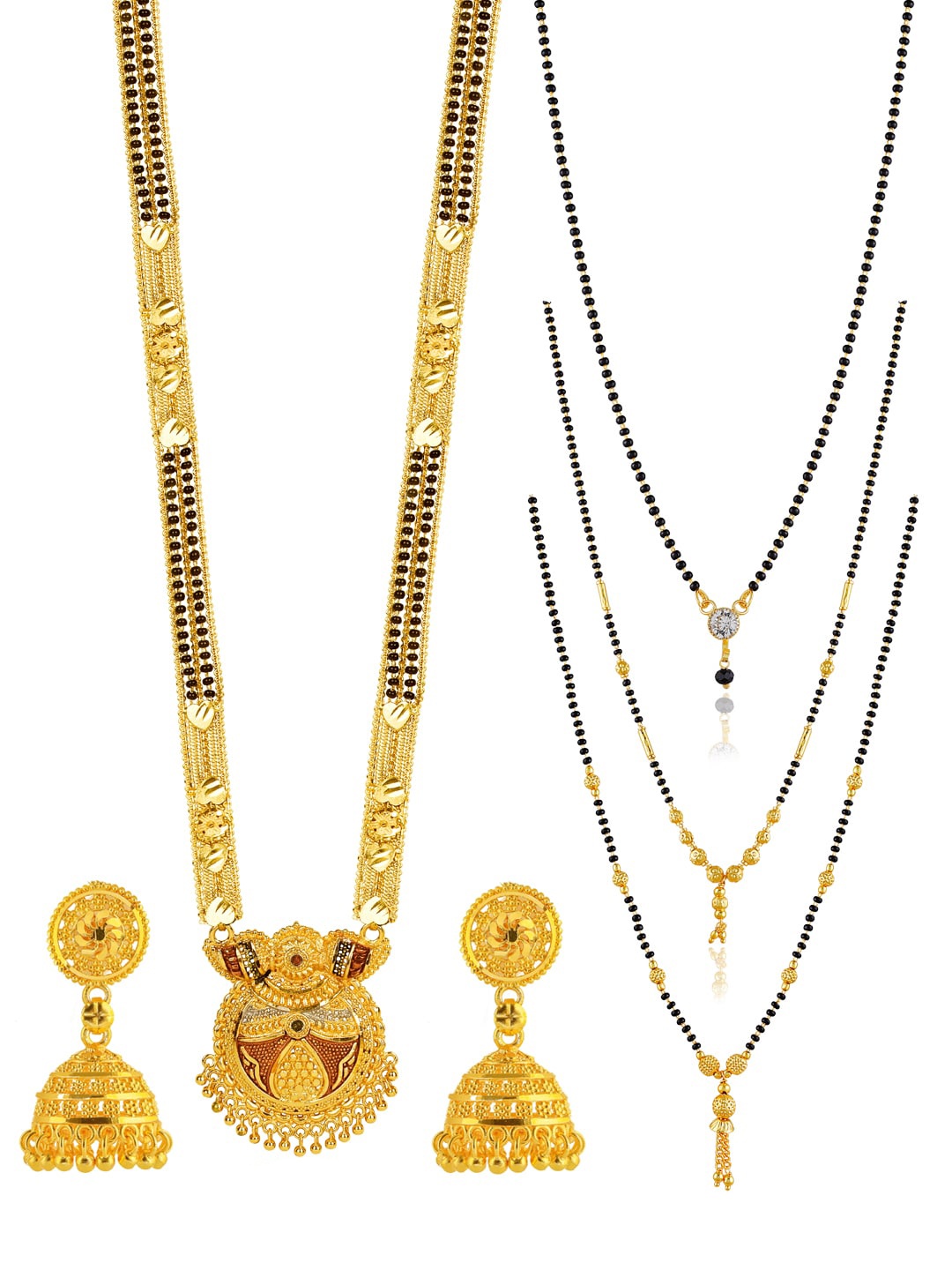 

Brandsoon Set Of 4 Gold-Plated Black Beaded Mangalsutra With Earring Set, Multi