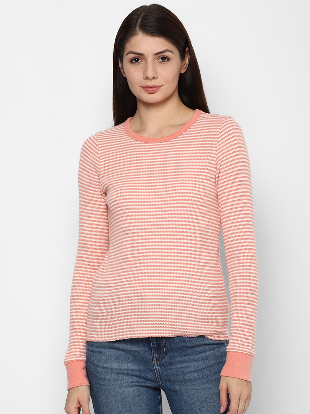 

AMERICAN EAGLE OUTFITTERS Women Peach-Coloured Striped Regular-Fit T-shirt