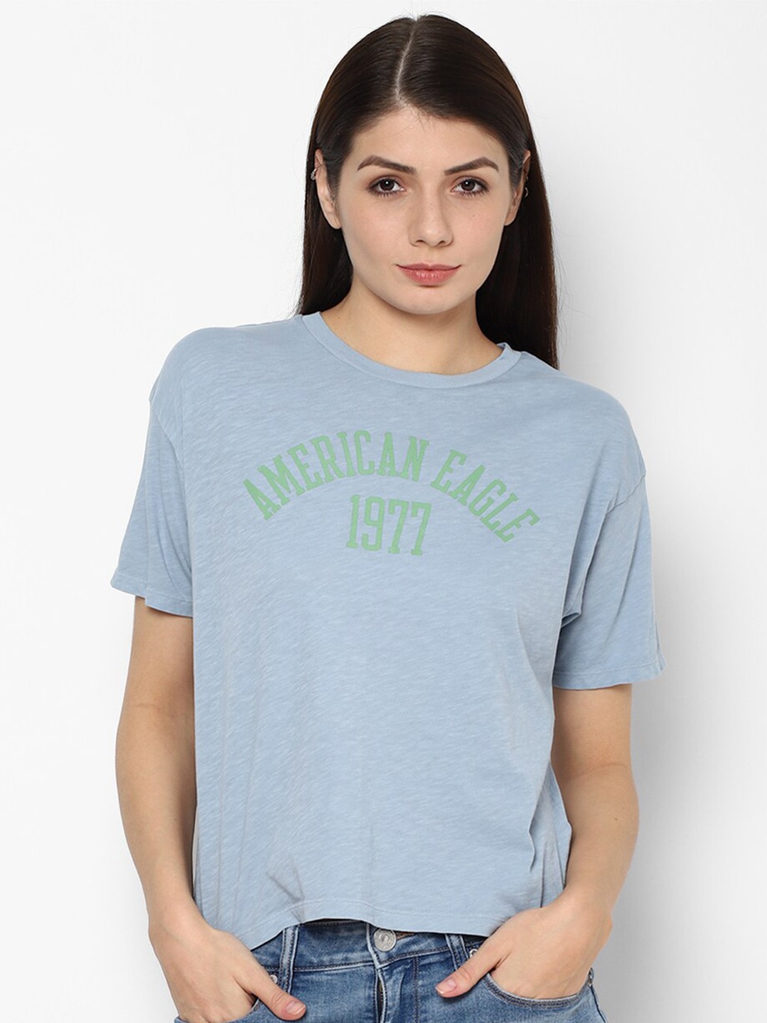 

AMERICAN EAGLE OUTFITTERS Women Blue Typography Printed T-shirt