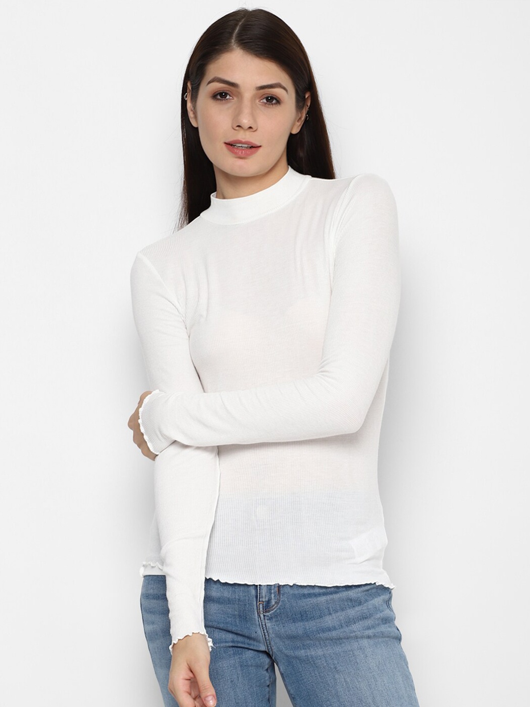 

AMERICAN EAGLE OUTFITTERS Women White Solid High Neck T-shirt