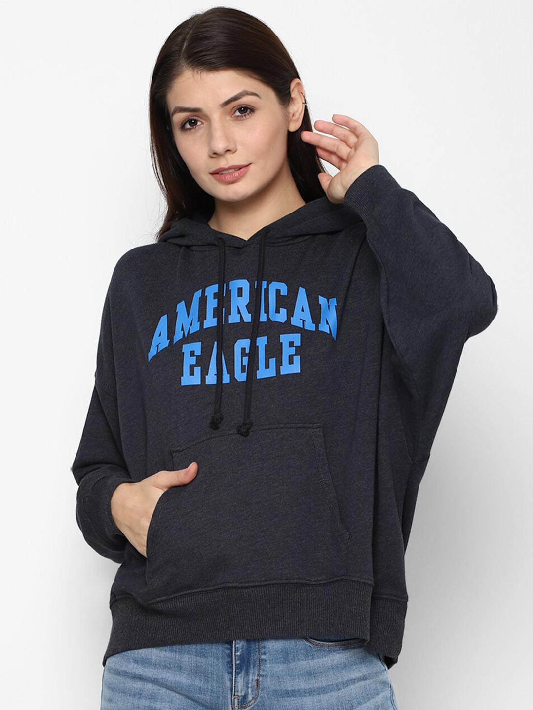 

AMERICAN EAGLE OUTFITTERS Women Navy Blue Printed Hooded Cotton Blend Sweatshirt