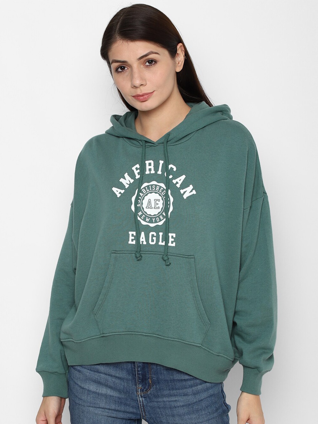 

AMERICAN EAGLE OUTFITTERS Women Green Printed Hooded Sweatshirt
