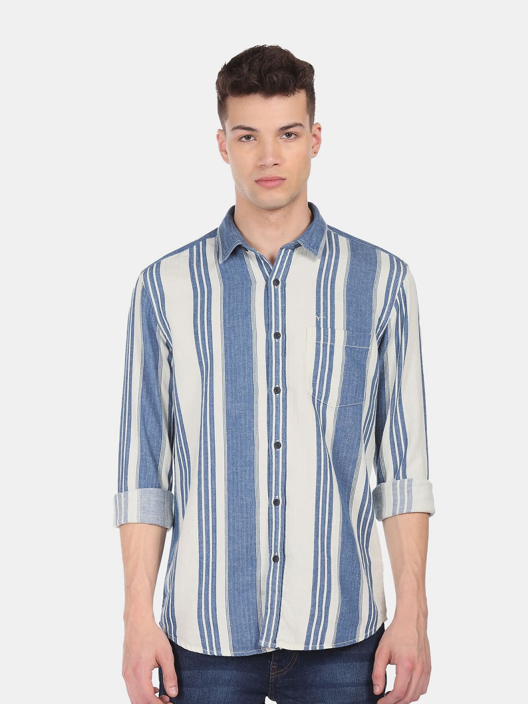 

Flying Machine Men Blue & Off-White Multi Striped Cotton Linen Casual Shirt