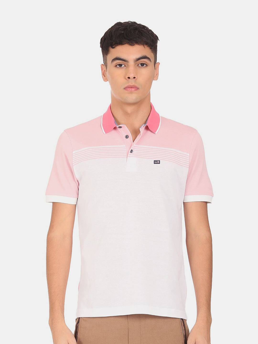 

Arrow Men Pink & White Striped Mercerised Cotton Polo Collar T-shirt