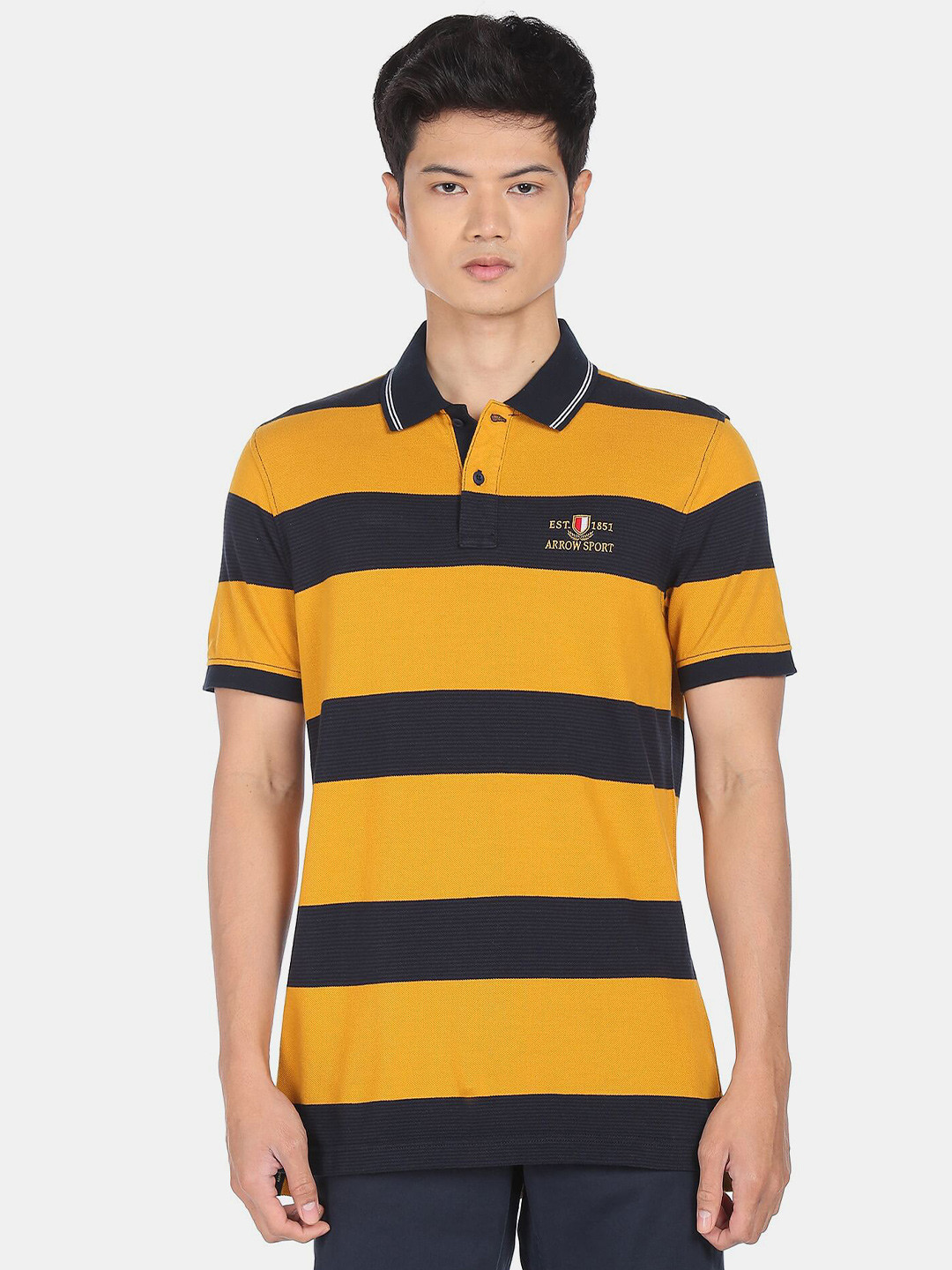 

Arrow Men Yellow & Black Striped Polo Collar Pure Cotton Regular Fit T-shirt