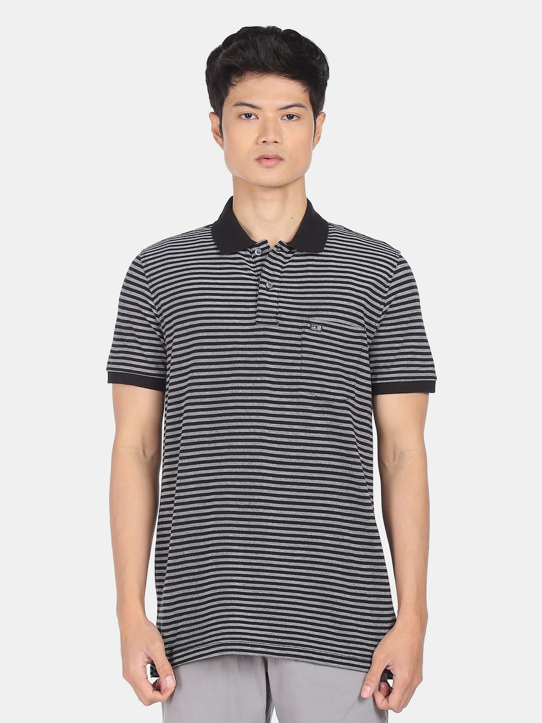 

Arrow Men Black Striped Polo Collar Pure Cotton Regular Fit T-shirt