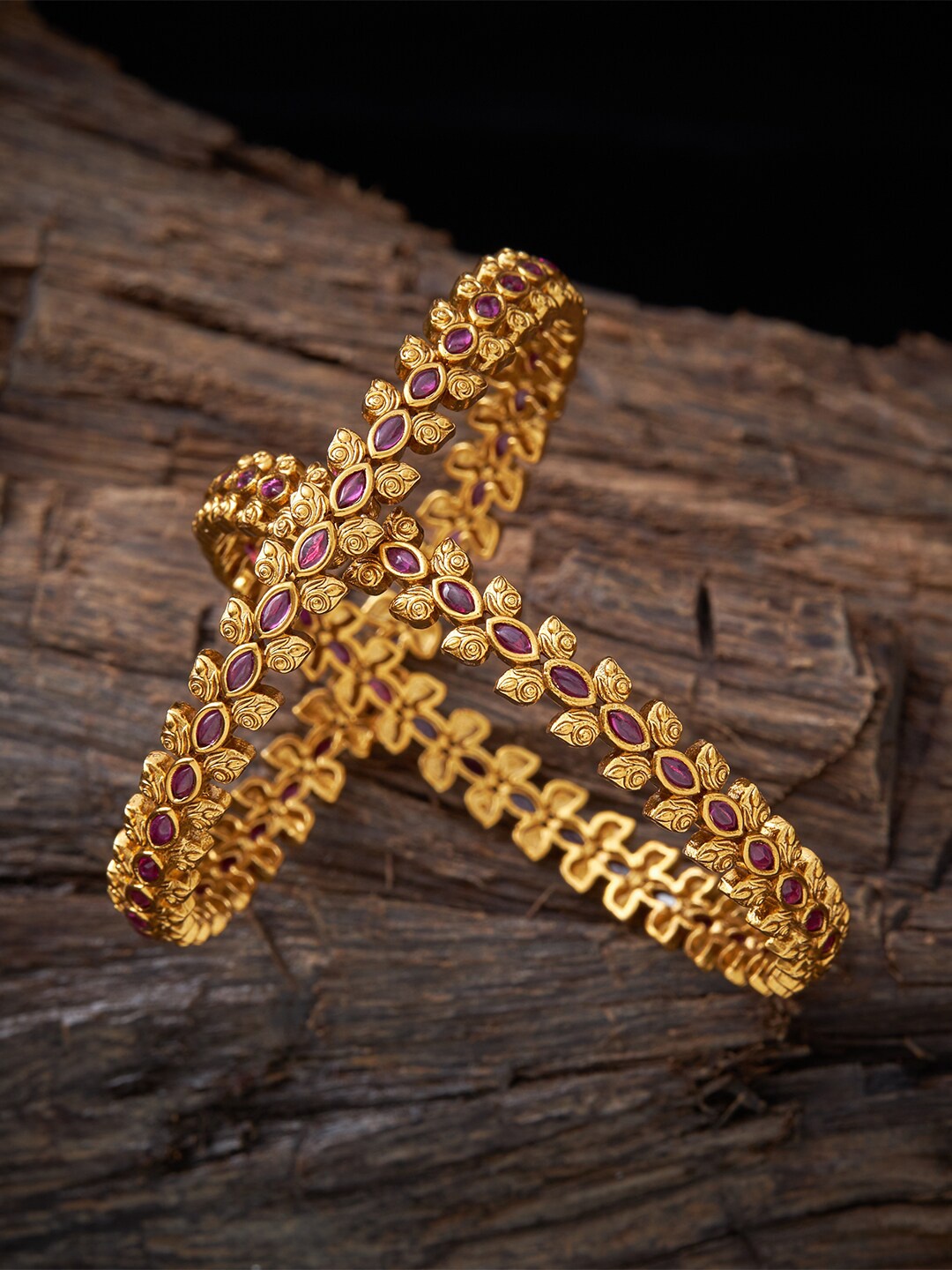 

Kushal's Fashion Jewellery Set Of 2 Gold-Plated Red Ruby-Studded Bangles