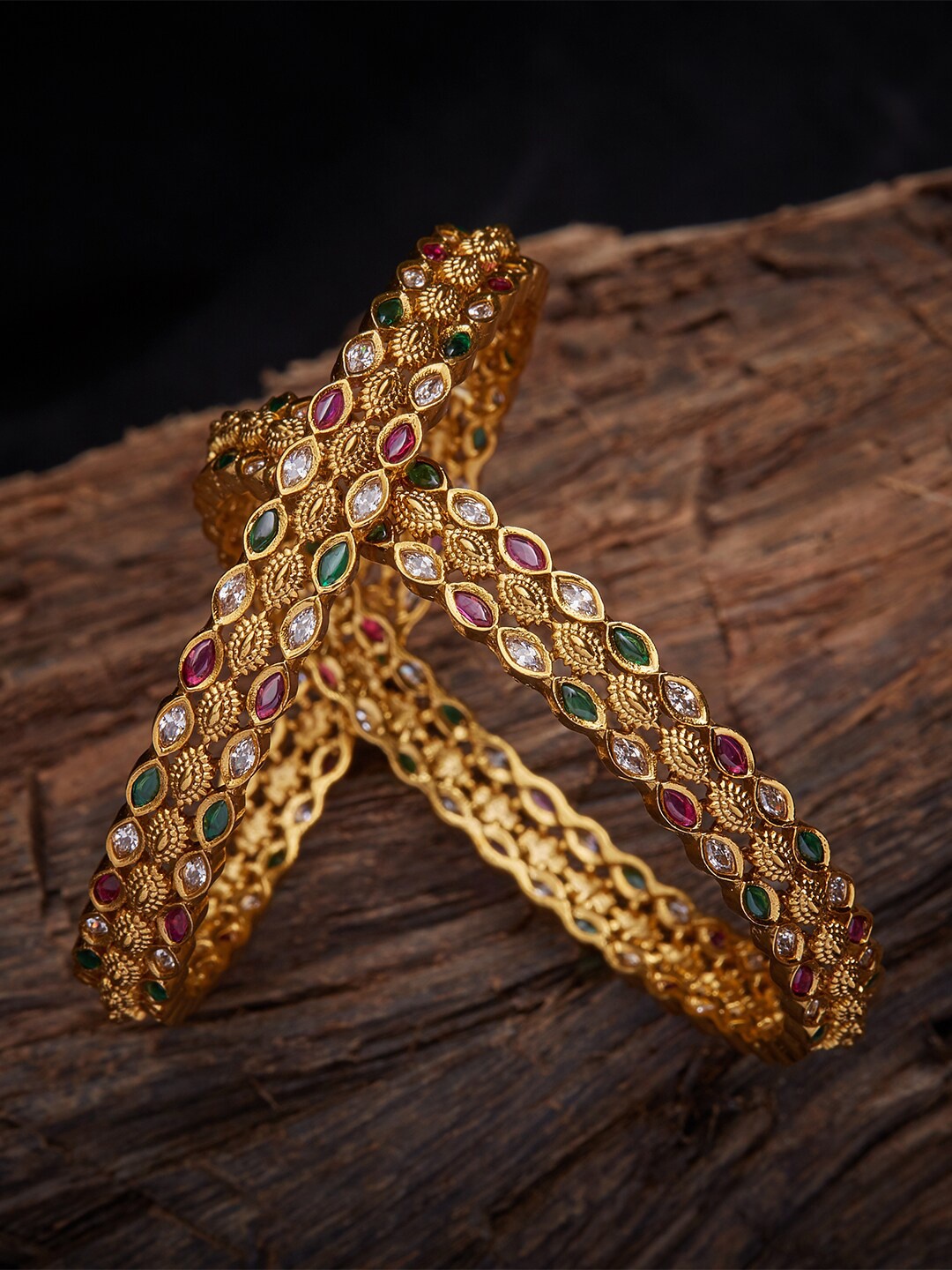 

Kushal's Fashion Jewellery Set Of 2 Gold-Plated Red & Green Stone-Studded Bangles