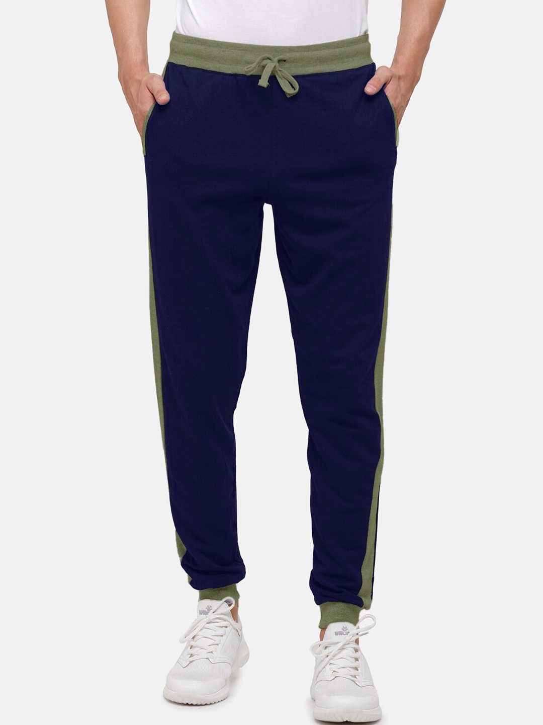 

MADSTO Men Olive & Blue Colourblocked Slim-Fit Track Pants