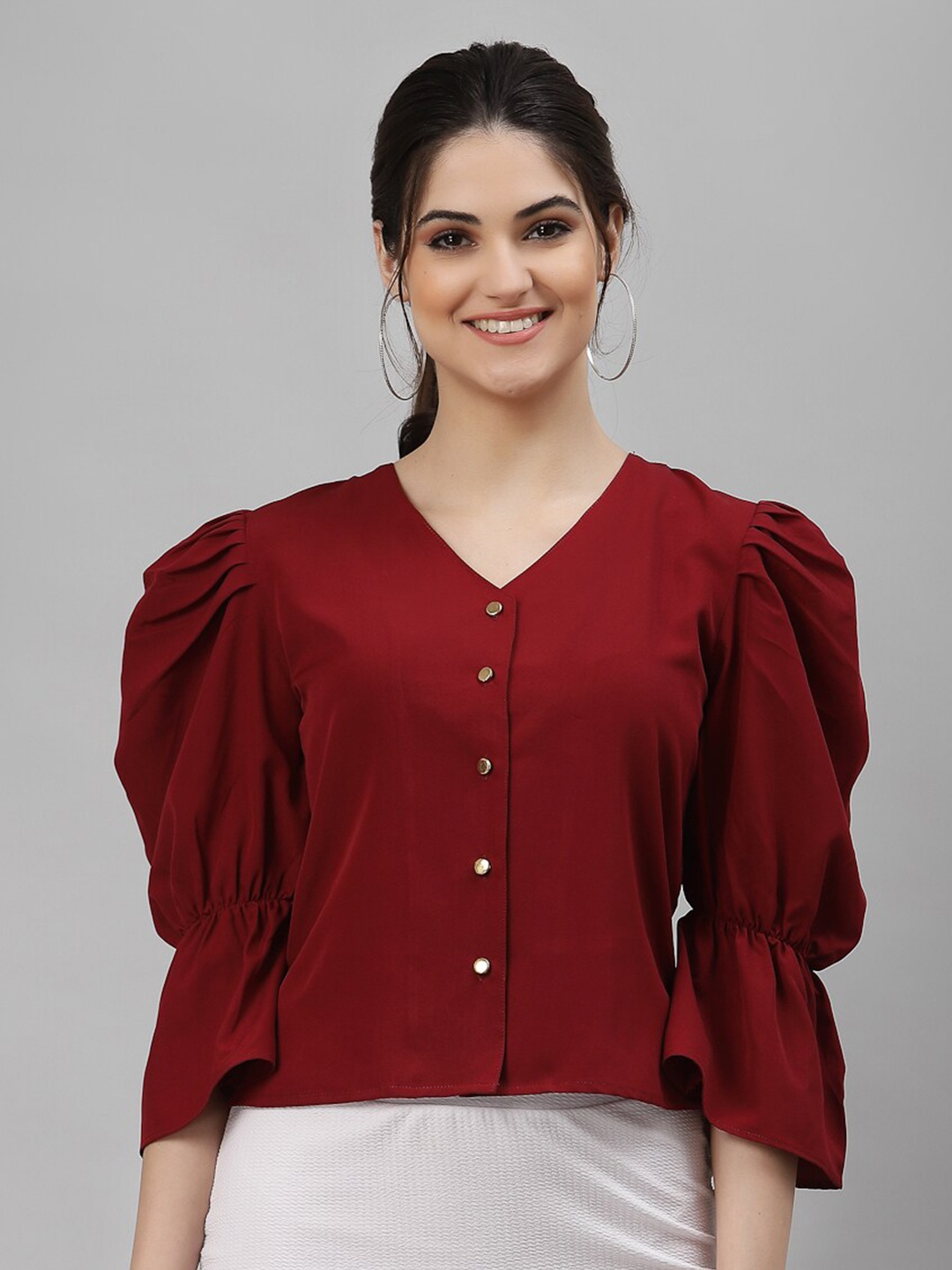 

NEUDIS Maroon Crepe Puff Sleeves Top