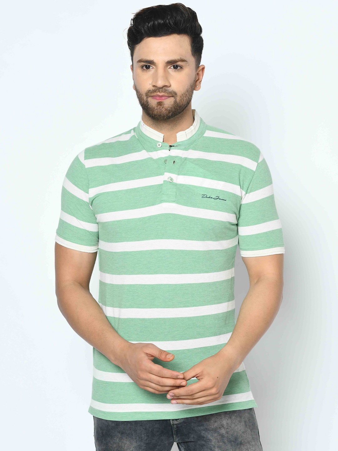 

Duke Men Green & White Striped Henley Neck Cotton Slim Fit T-shirt