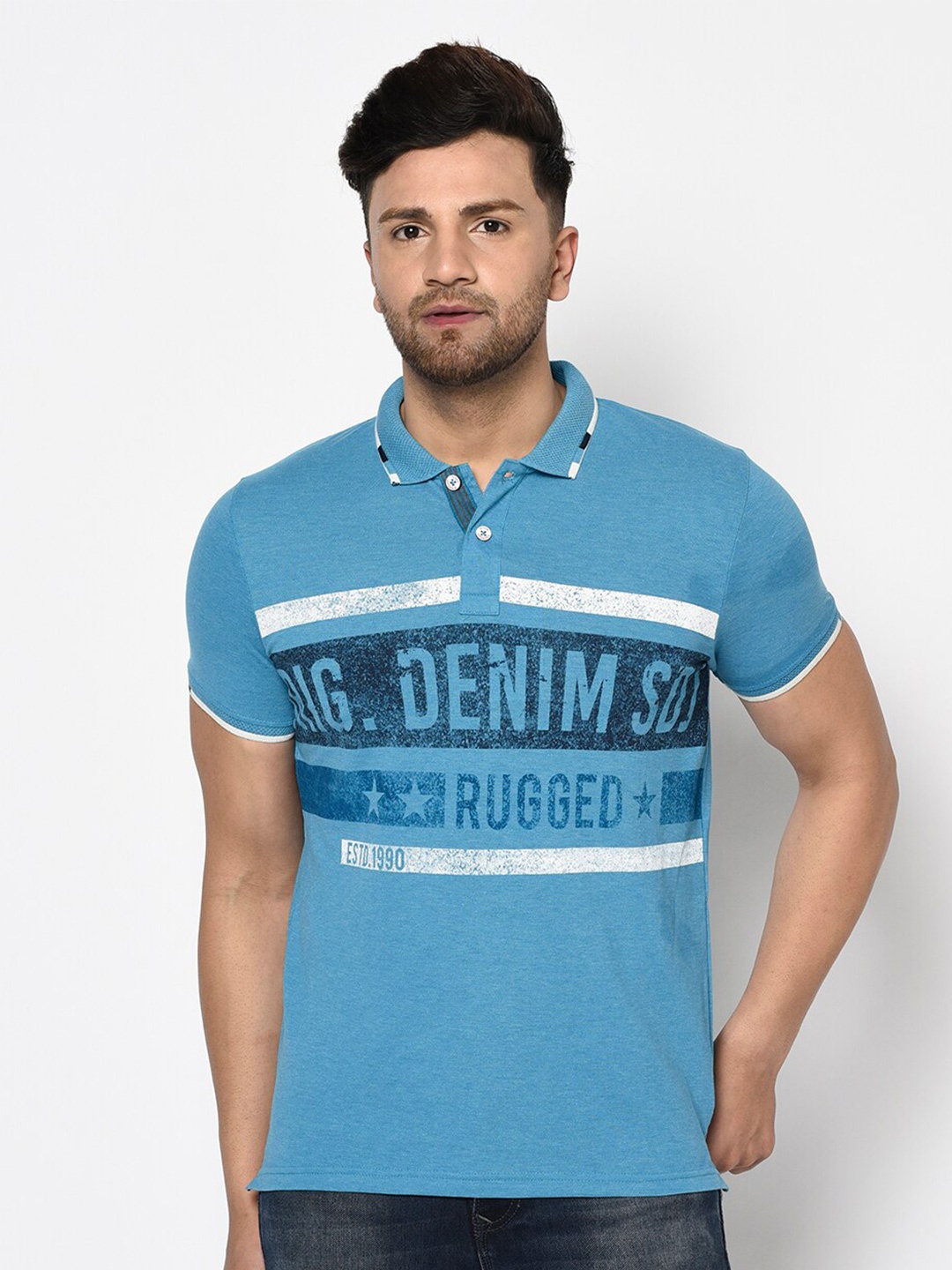 

Duke Men Blue Typography Striped Polo Slim Fit T-shirt