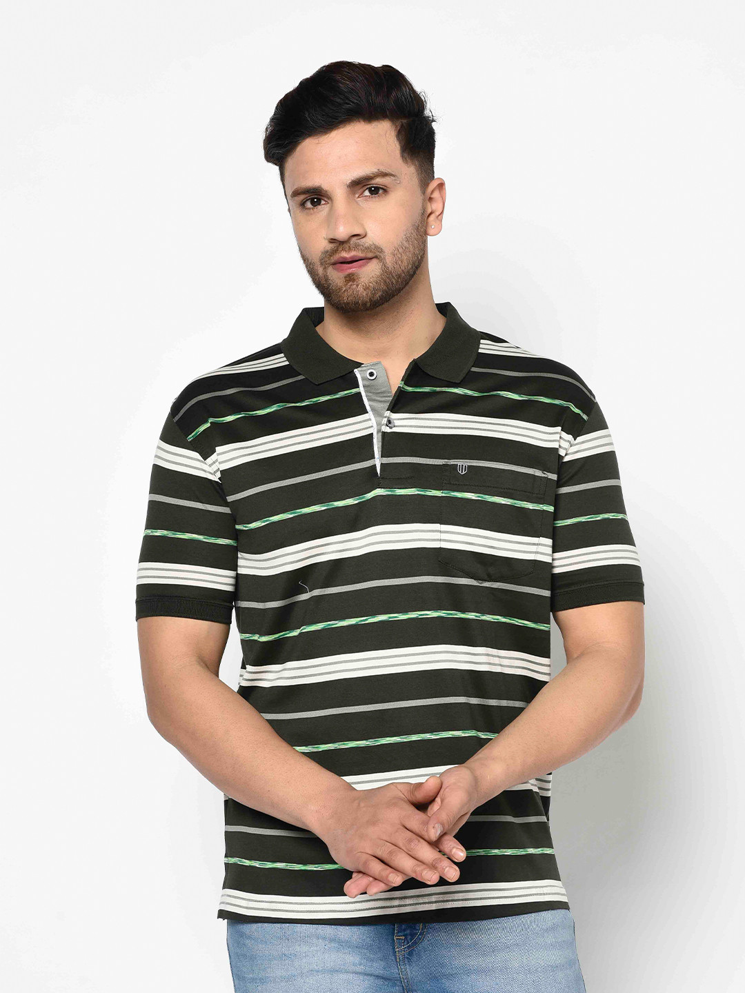 

Duke Men Green & Off-White Striped Polo Collar Cotton Regular Fit T-shirt