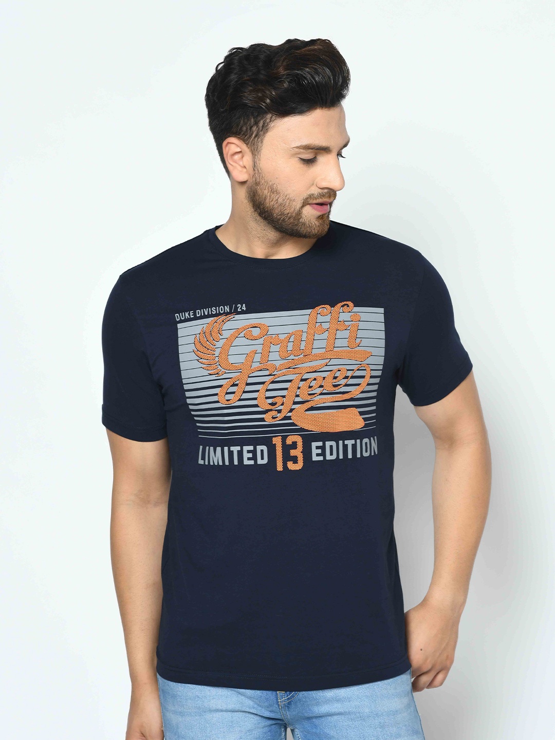 

Duke Men Blue Graphic Printed Cotton Slim Fit T-shirt