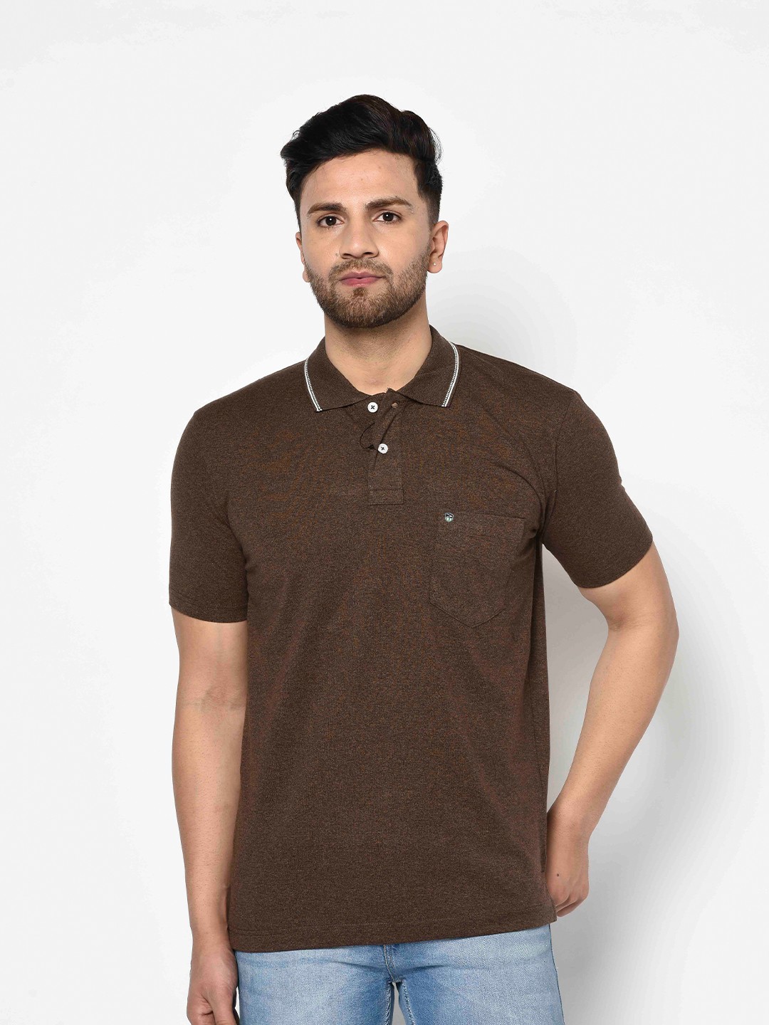 

Duke Men Brown Solid Polo Collar Pockets T-shirt