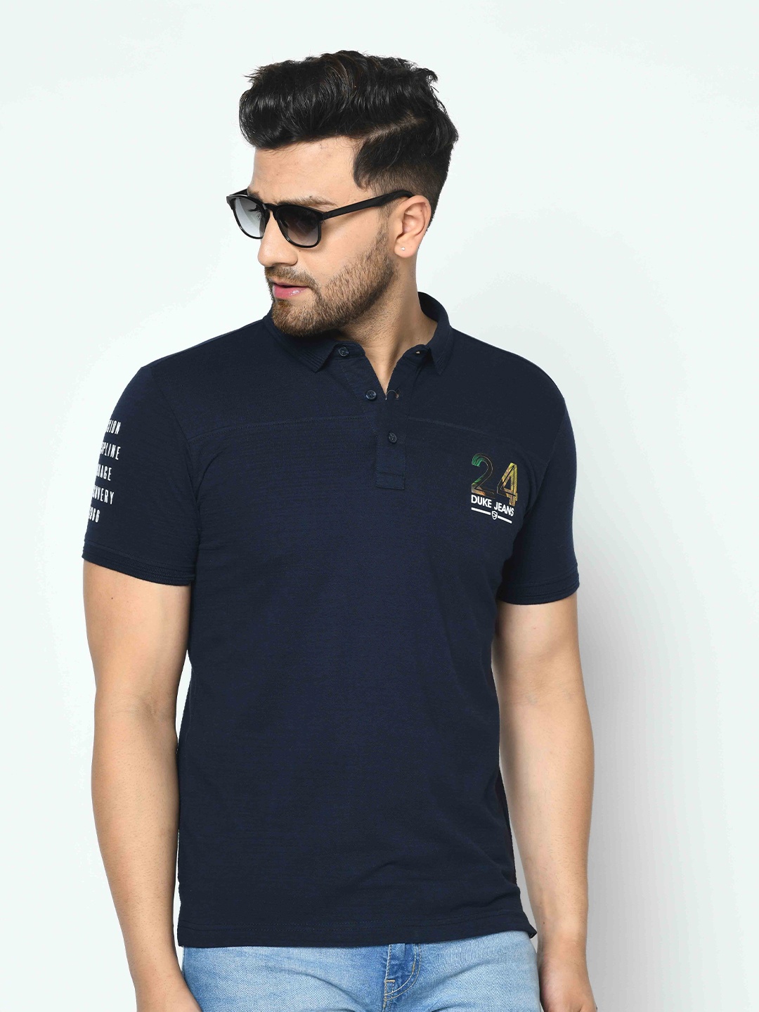 

Duke Men Navy Blue & White Solid Polo Collar Cotton T-shirt
