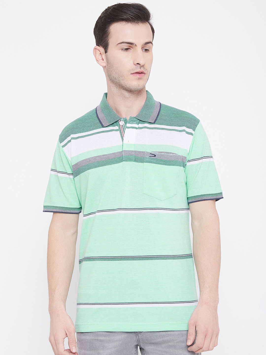 

Duke Men Green Striped Polo Collar T-shirt