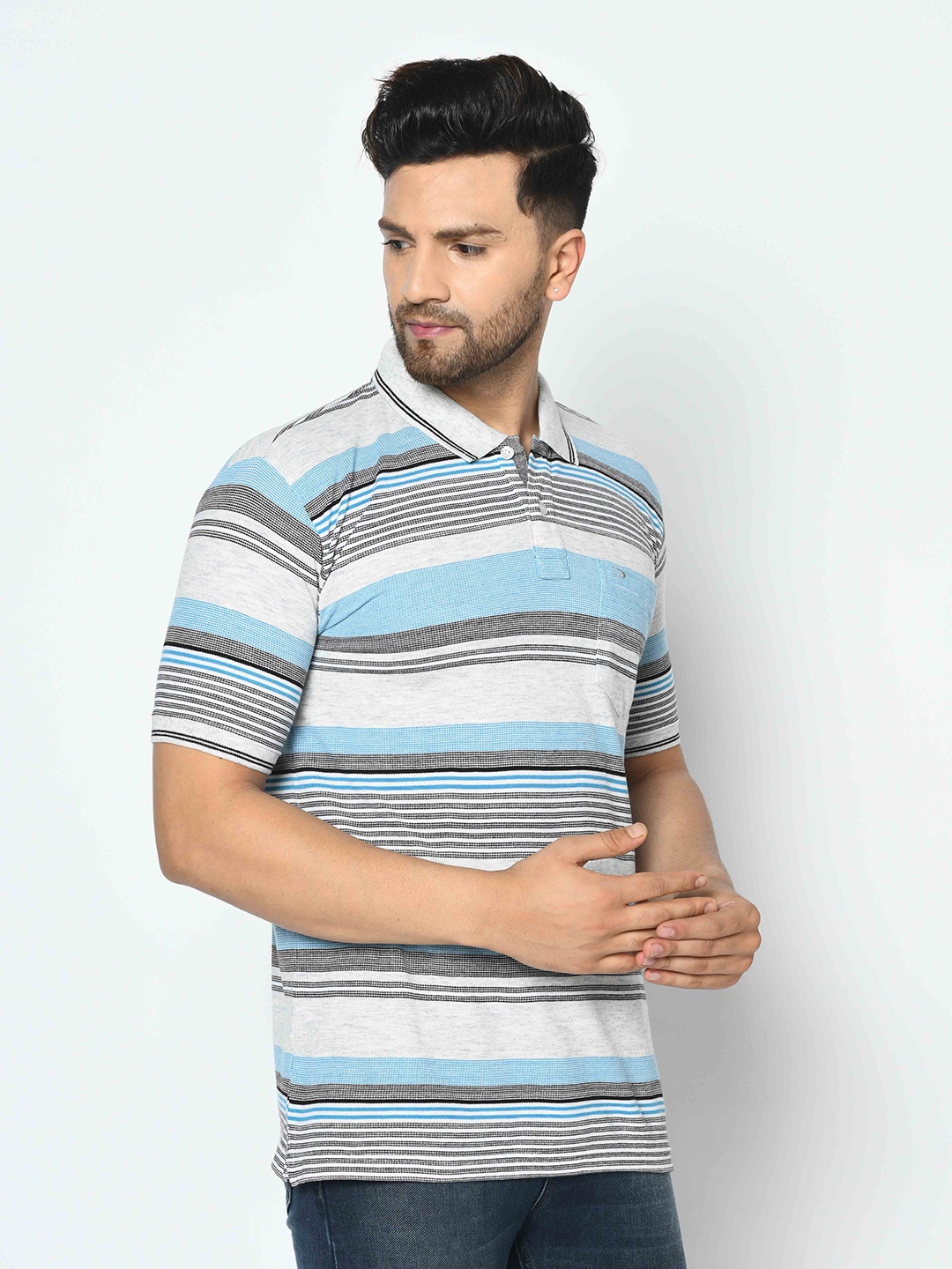 

Duke Men Blue Cotton Striped Polo Collar T-shirt