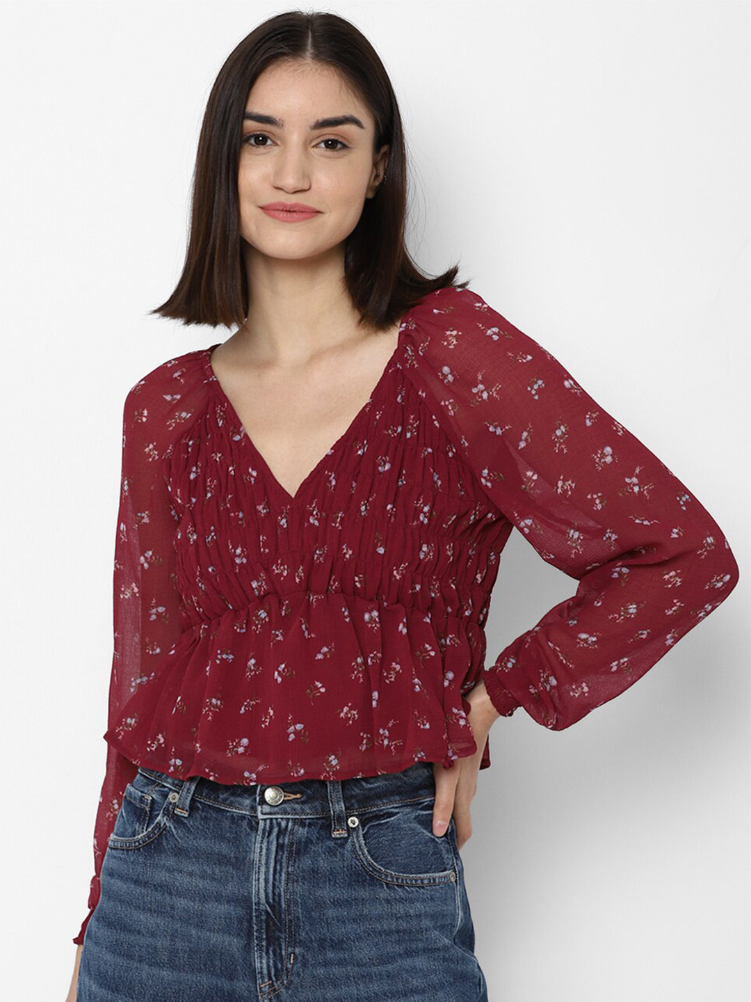 

AMERICAN EAGLE OUTFITTERS Maroon Floral Print Cinched Waist Top