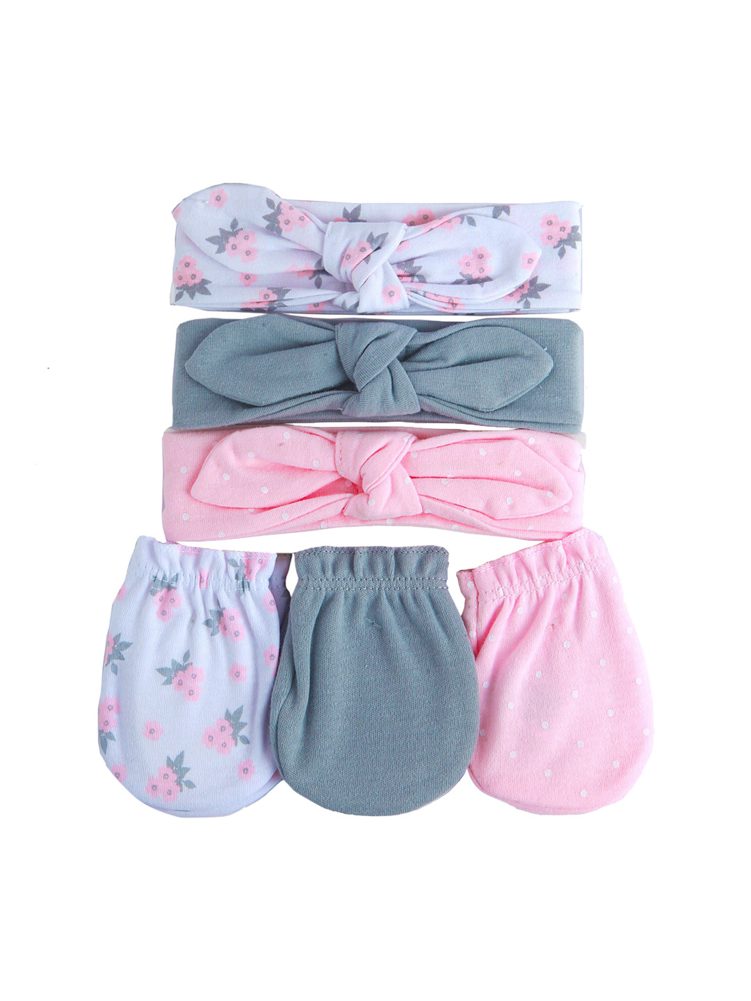 

Baby Moo Kids Pink & Grey Pack of 3 Organic Cotton Mittens & Hairbands