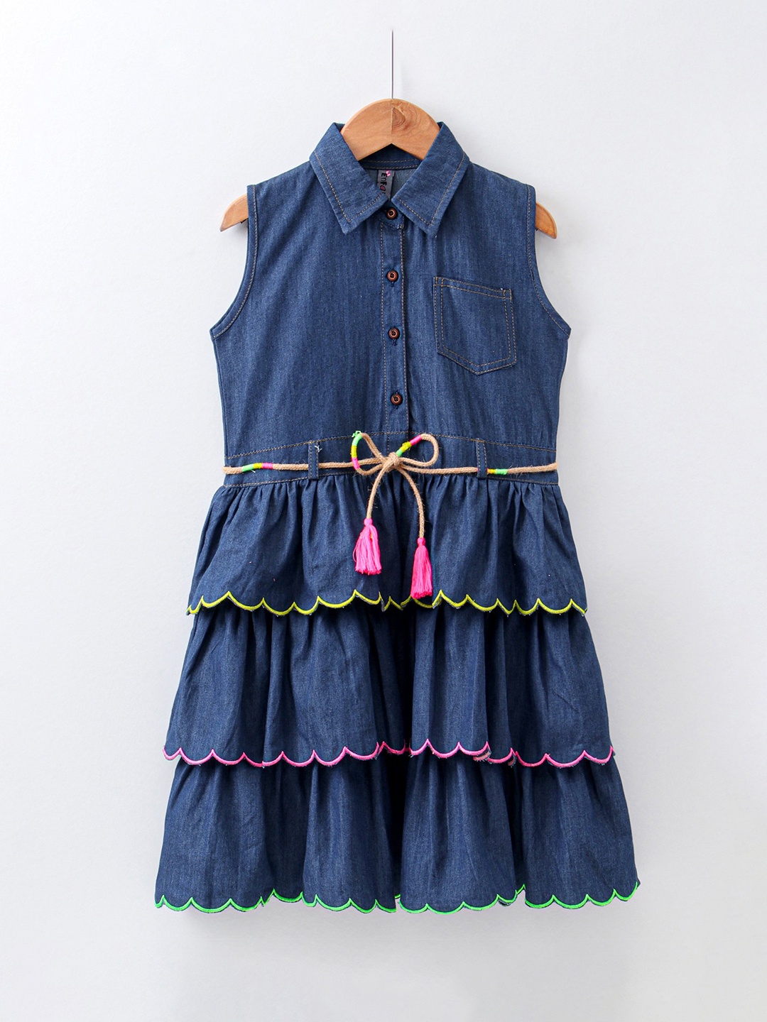 

Enfance Girls Blue Fit & Flare Cotton Layered Dress
