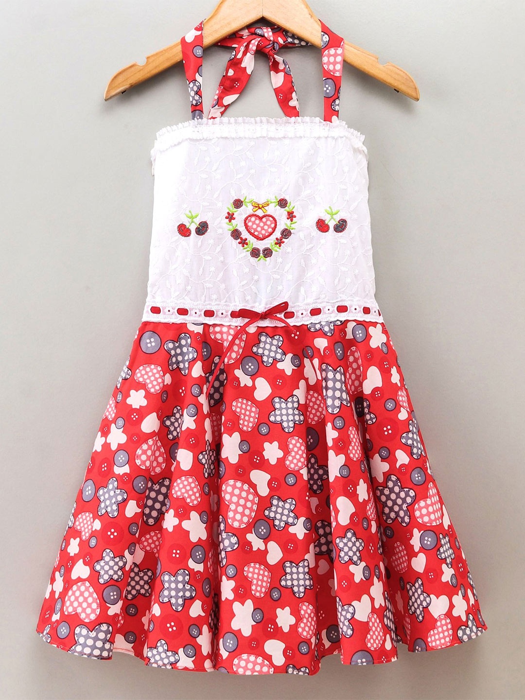 

Enfance Red & White Floral Colourblocked Halter Neck Maxi Dress