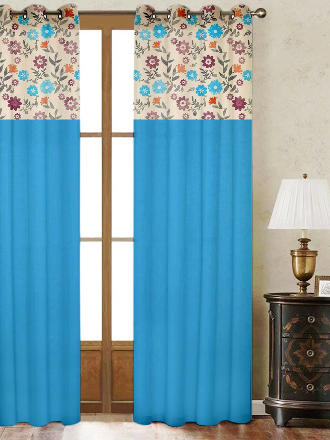 

Lushomes Blue & White Floral Printed Single Door Cotton Curtain