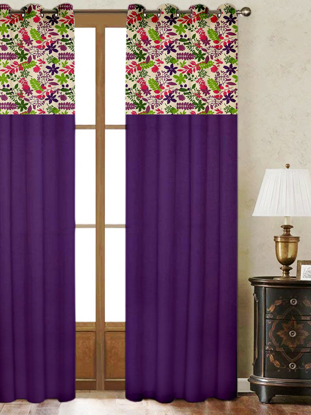 

Lushomes Purple & Green Floral Printed Single Door Cotton Curtain