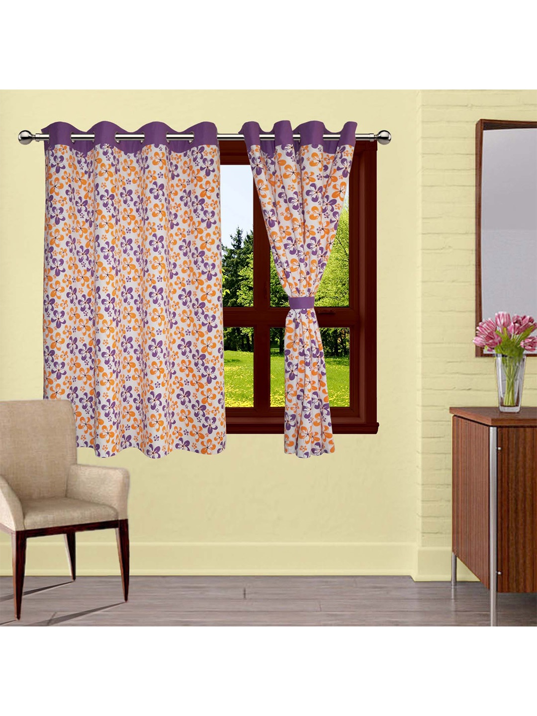 

Lushomes Purple & Multi Color Floral Printed Single Window Cotton Curtain