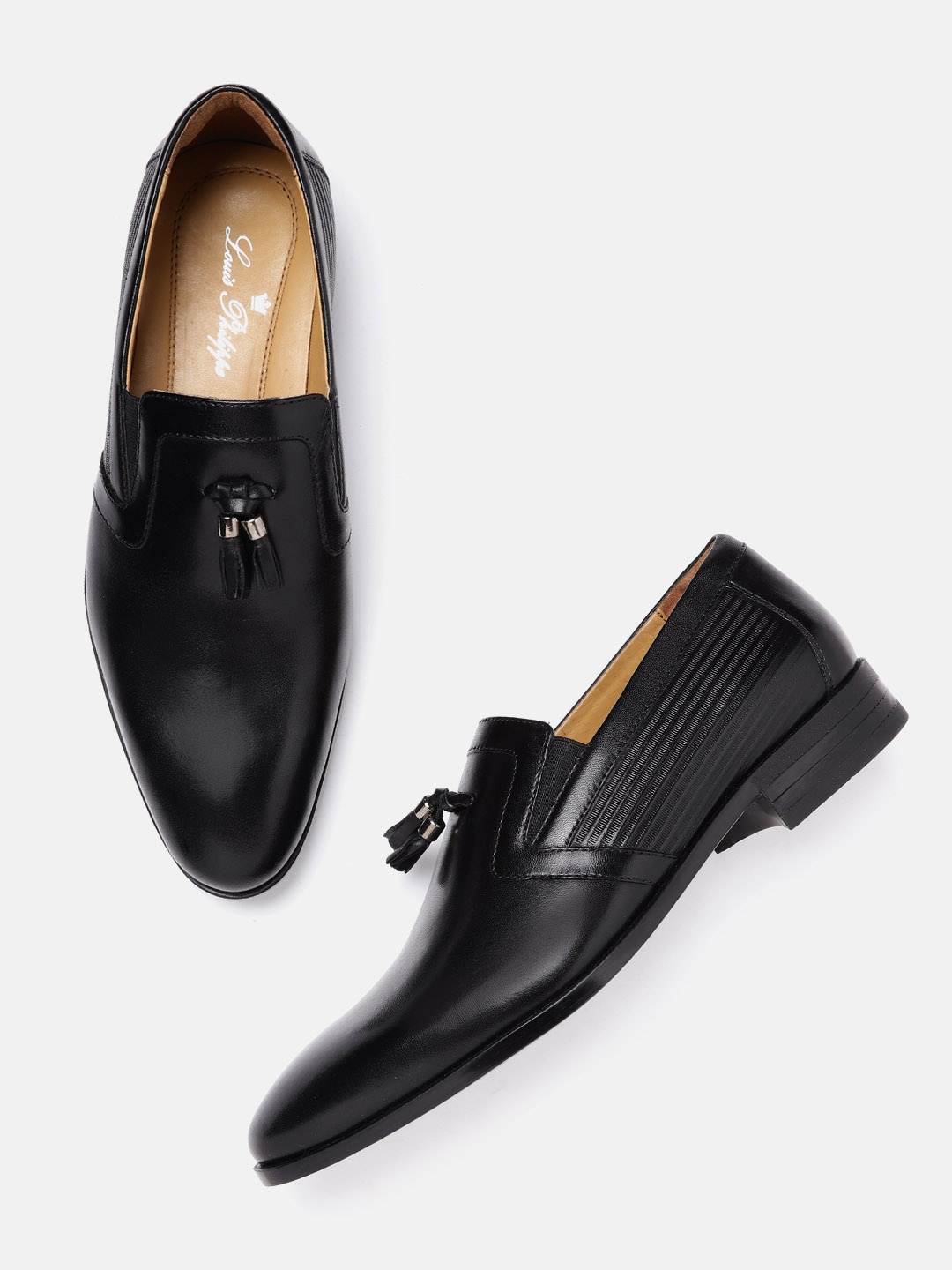 

Louis Philippe Men Black Leather Formal Slip-Ons with Tassel & Texture Detail