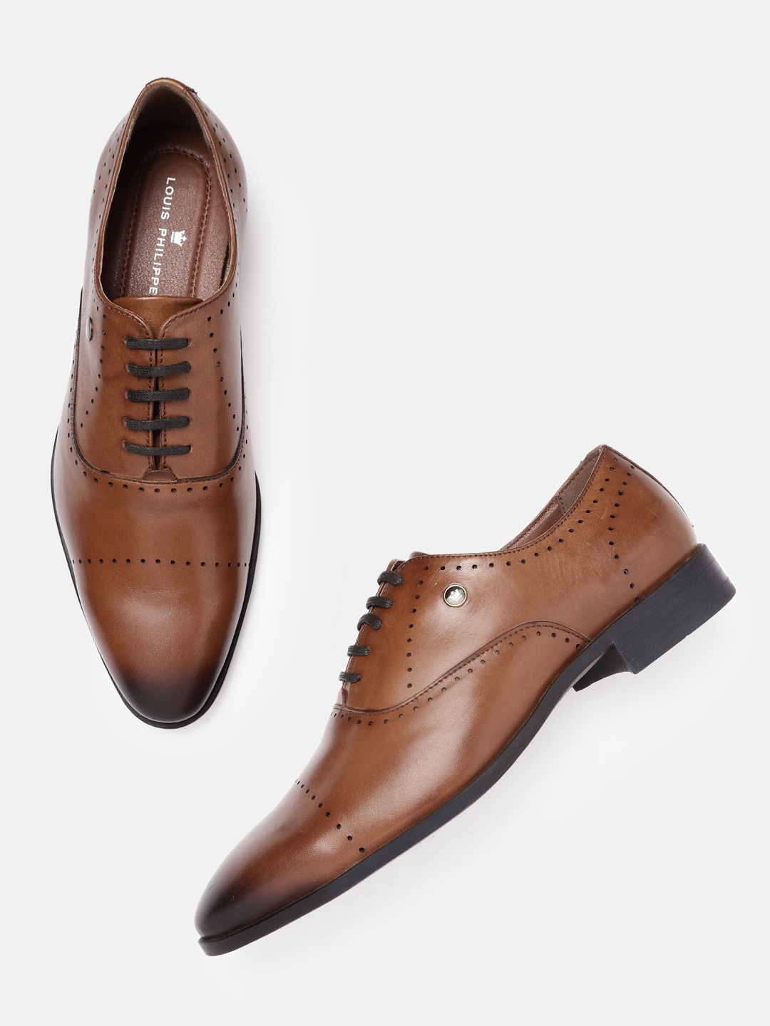 

Louis Philippe Men Tan Brown Leather Solid Oxfords with Perforations