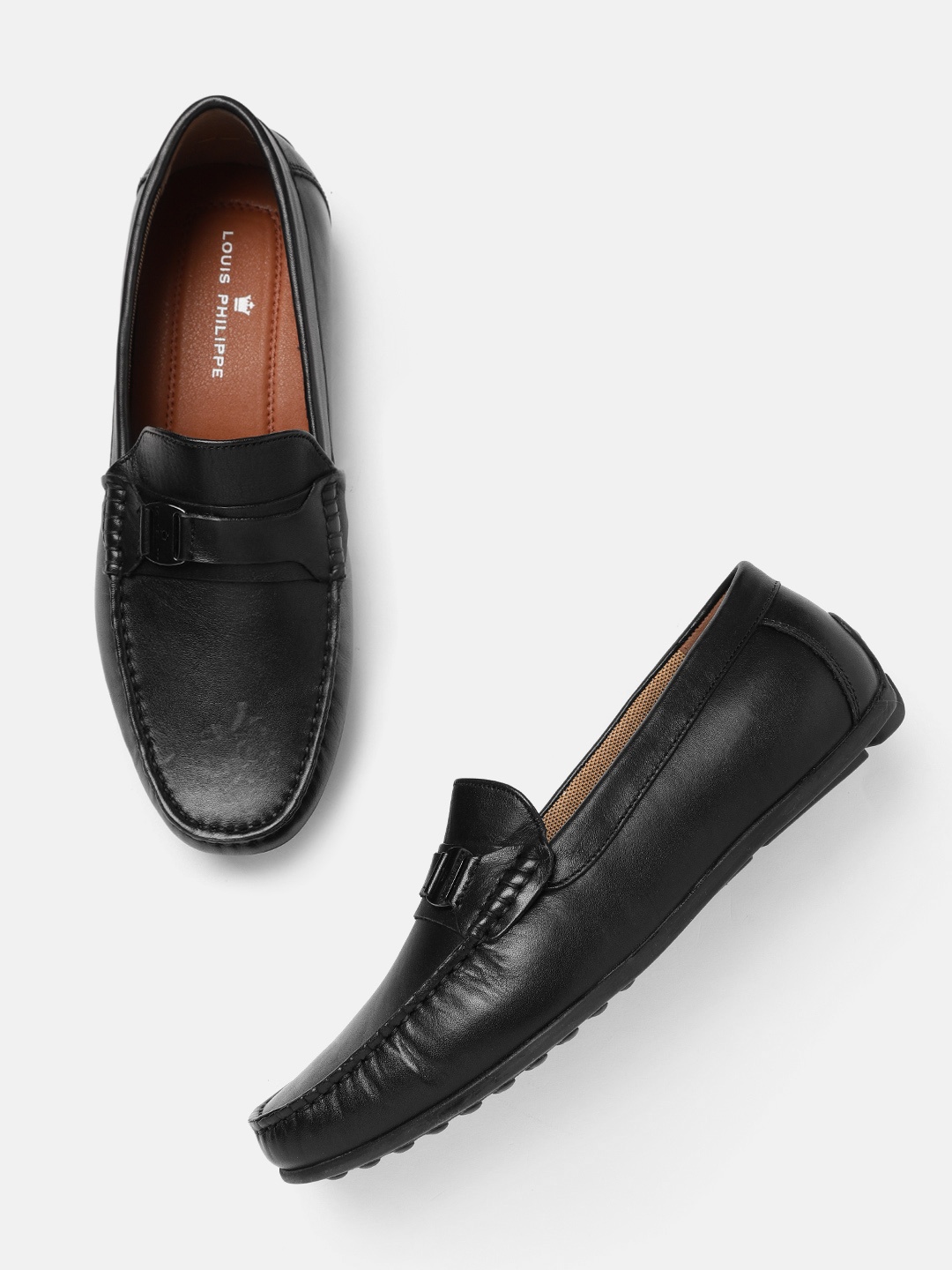 

Louis Philippe Men Black Solid Leather Driving Shoes with Buckles