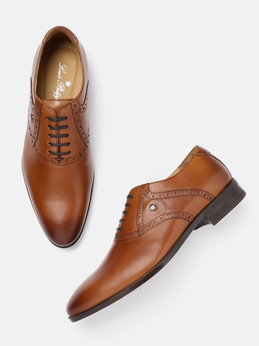 

Louis Philippe Men Tan Brown Solid Leather Formal Oxfords with Brogue Detail