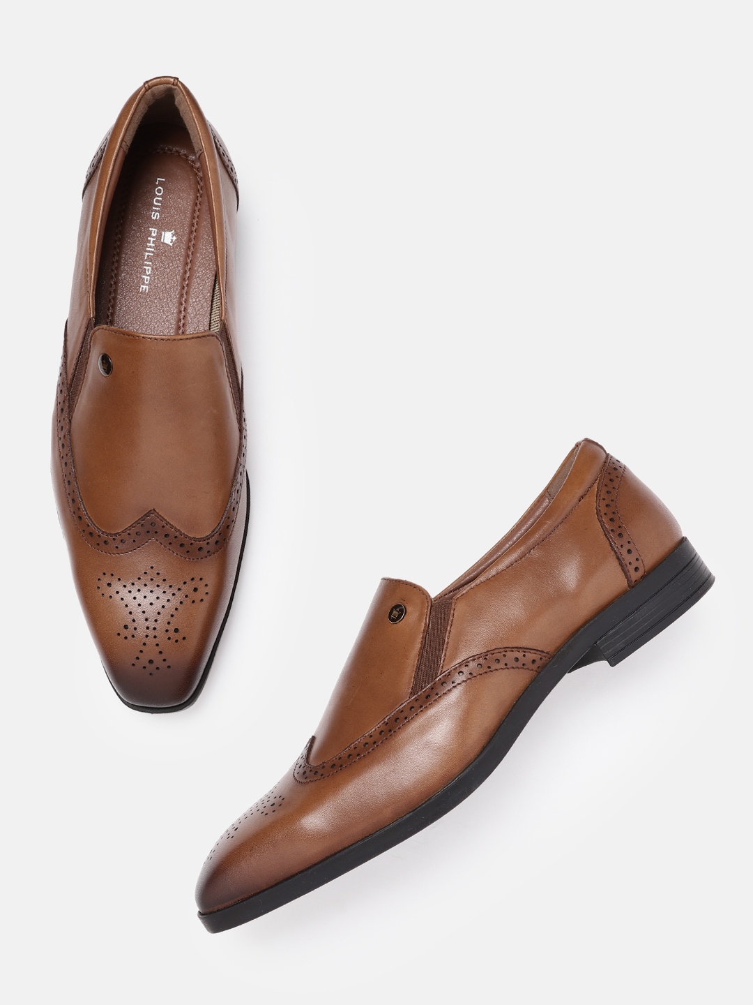

Louis Philippe Men Tan Brown Leather Slip-Ons with Brogue Detail