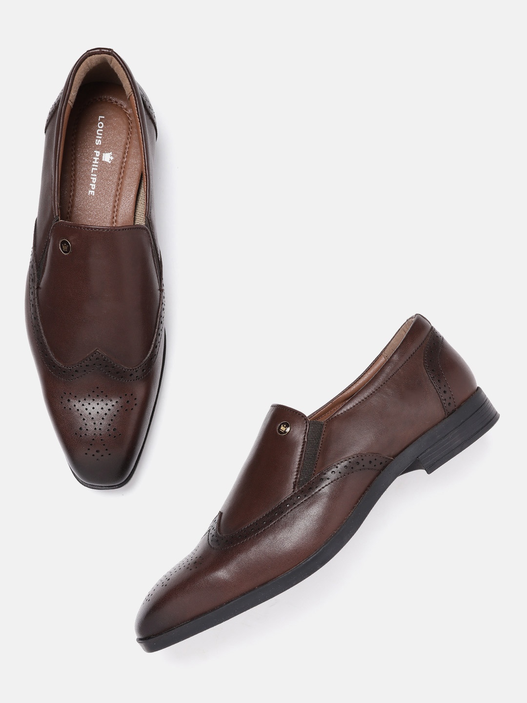 

Louis Philippe Men Coffee Brown Leather Formal Slip-Ons with Brogue Detail