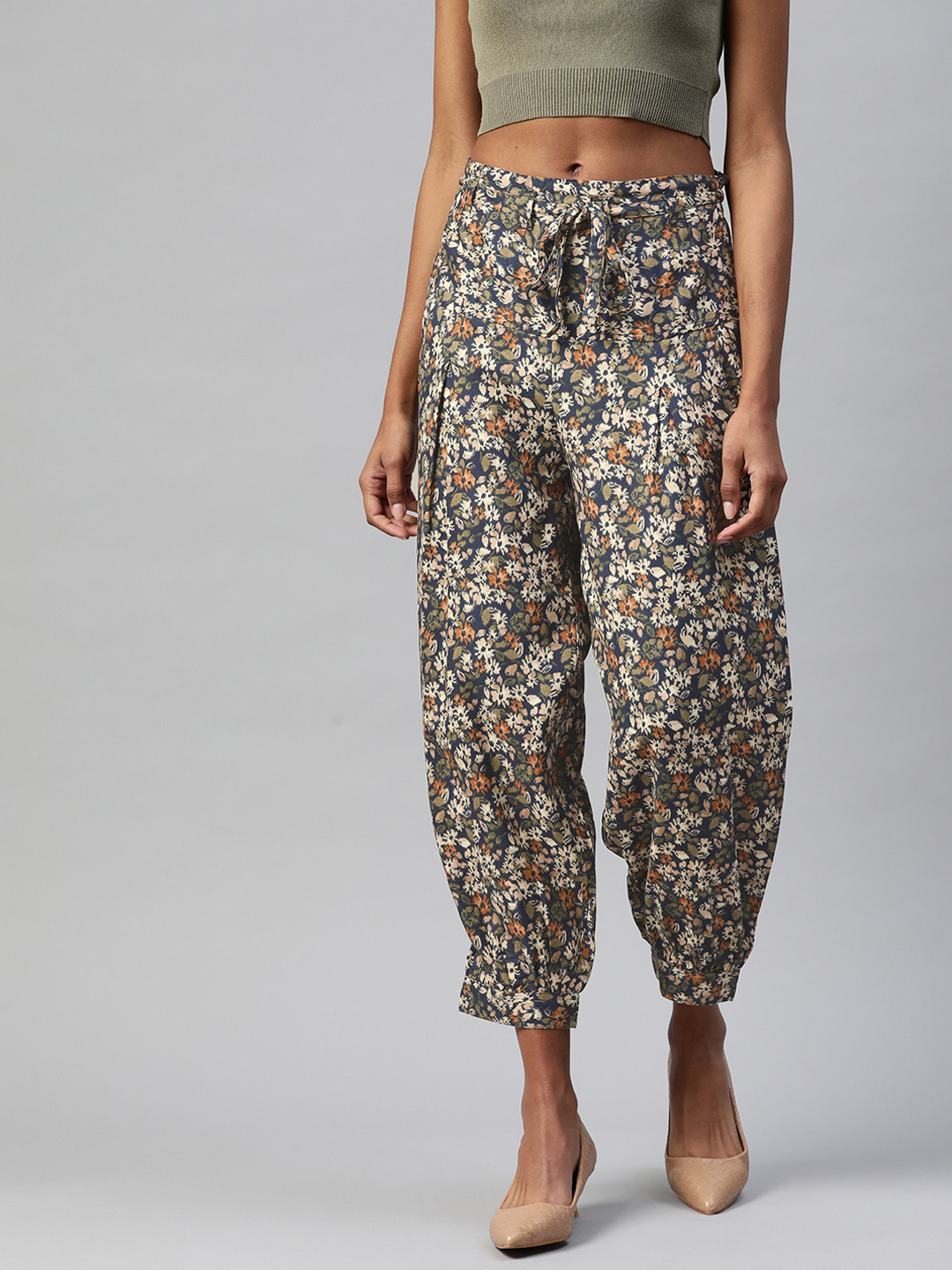 

Ayaany Women Blue & Green Cotton Straight Fit Printed Harem Pants