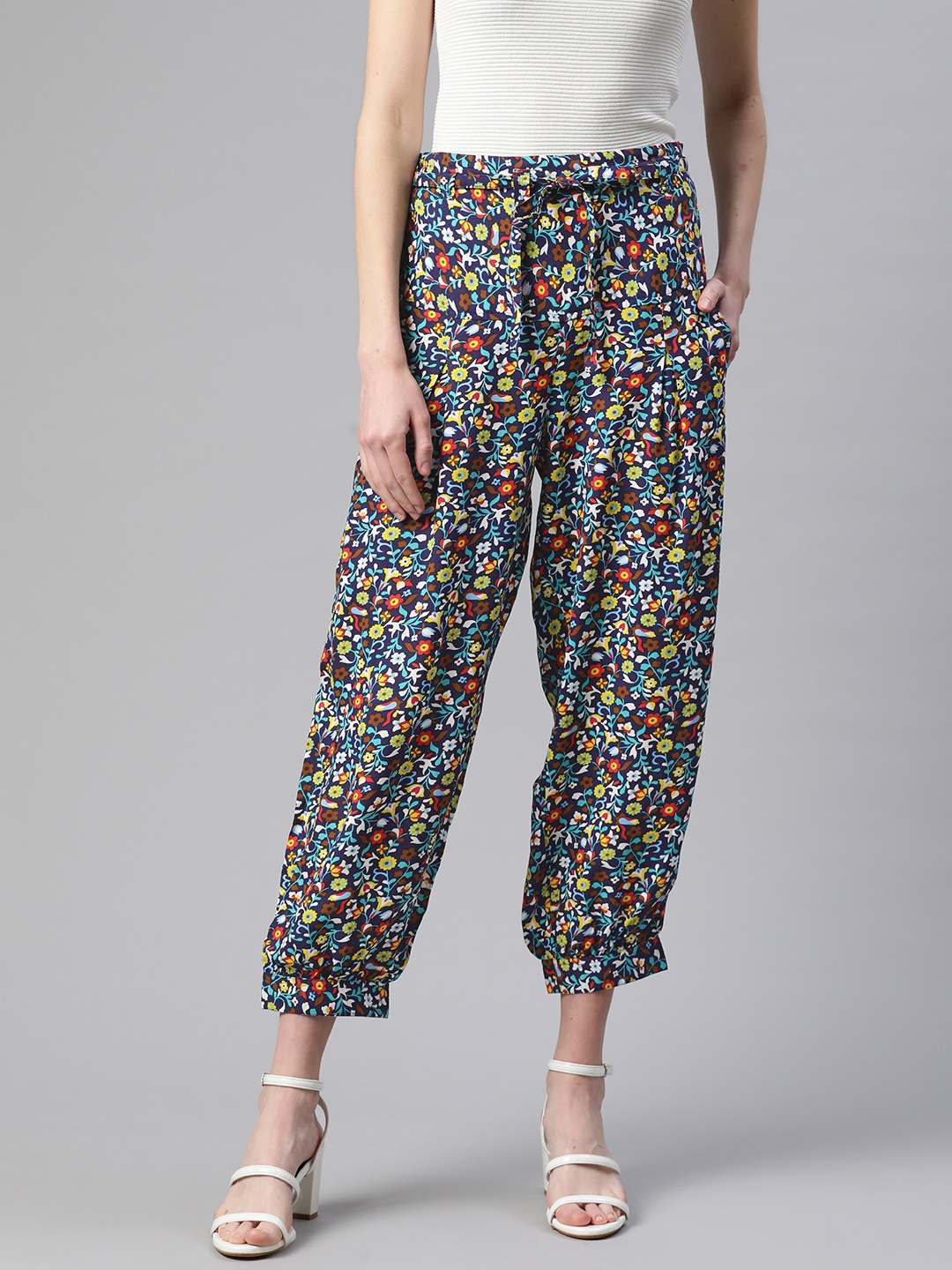 

Ayaany Women Navy Blue & Red Cotton Straight Fit Floral Printed Harem Pants