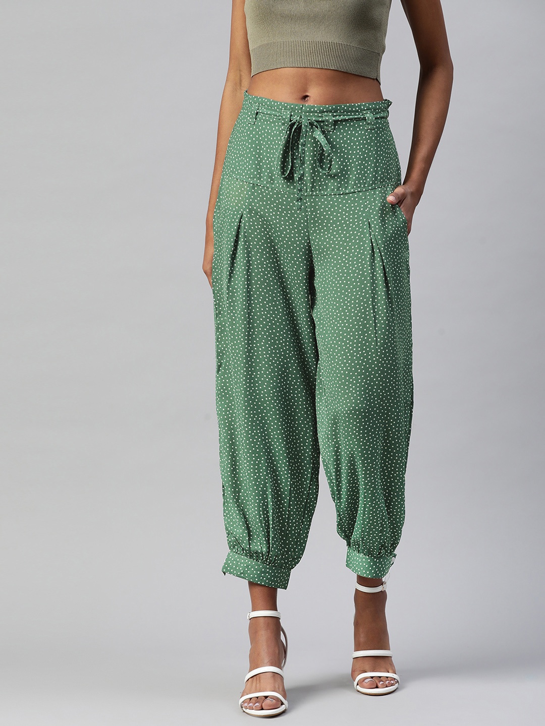 

Ayaany Women Green & White Cotton Straight Fit Dot Printed Harem Pants