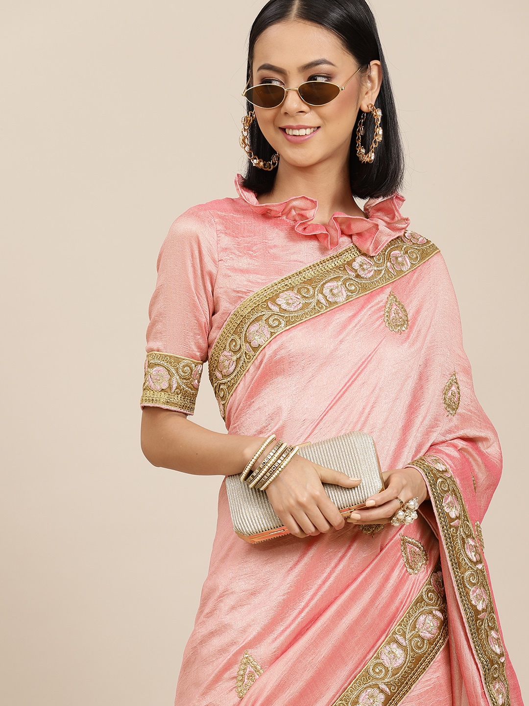 

SERONA FABRICS Pink Ethnic Motifs Embroidered Silk Blend Saree