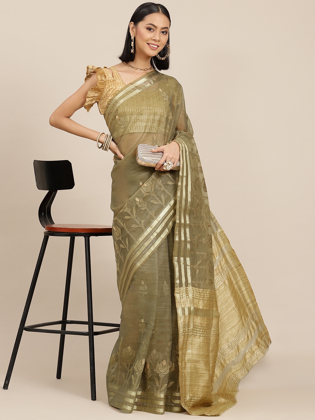 

SERONA FABRICS Olive Green Ethnic Motif Embroidered Organza Saree