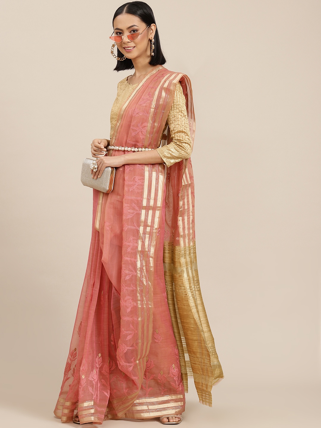 

SERONA FABRICS Pink Floral Embroidered Organza Saree