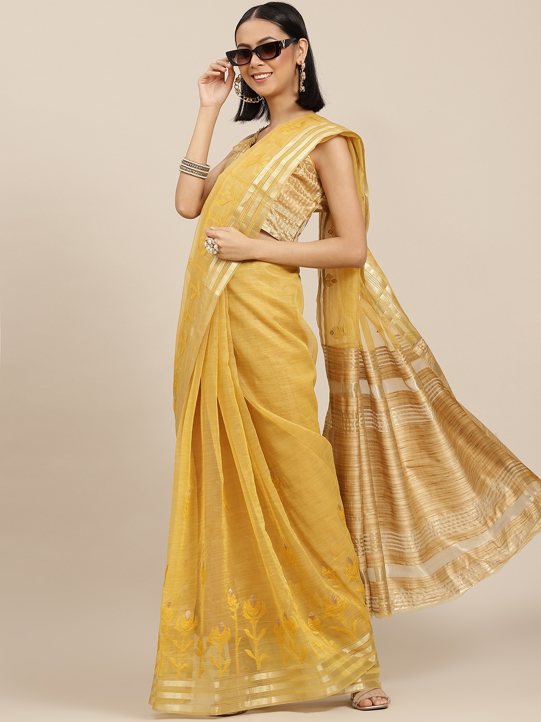 

SERONA FABRICS Yellow Floral Embroidered Organza Saree