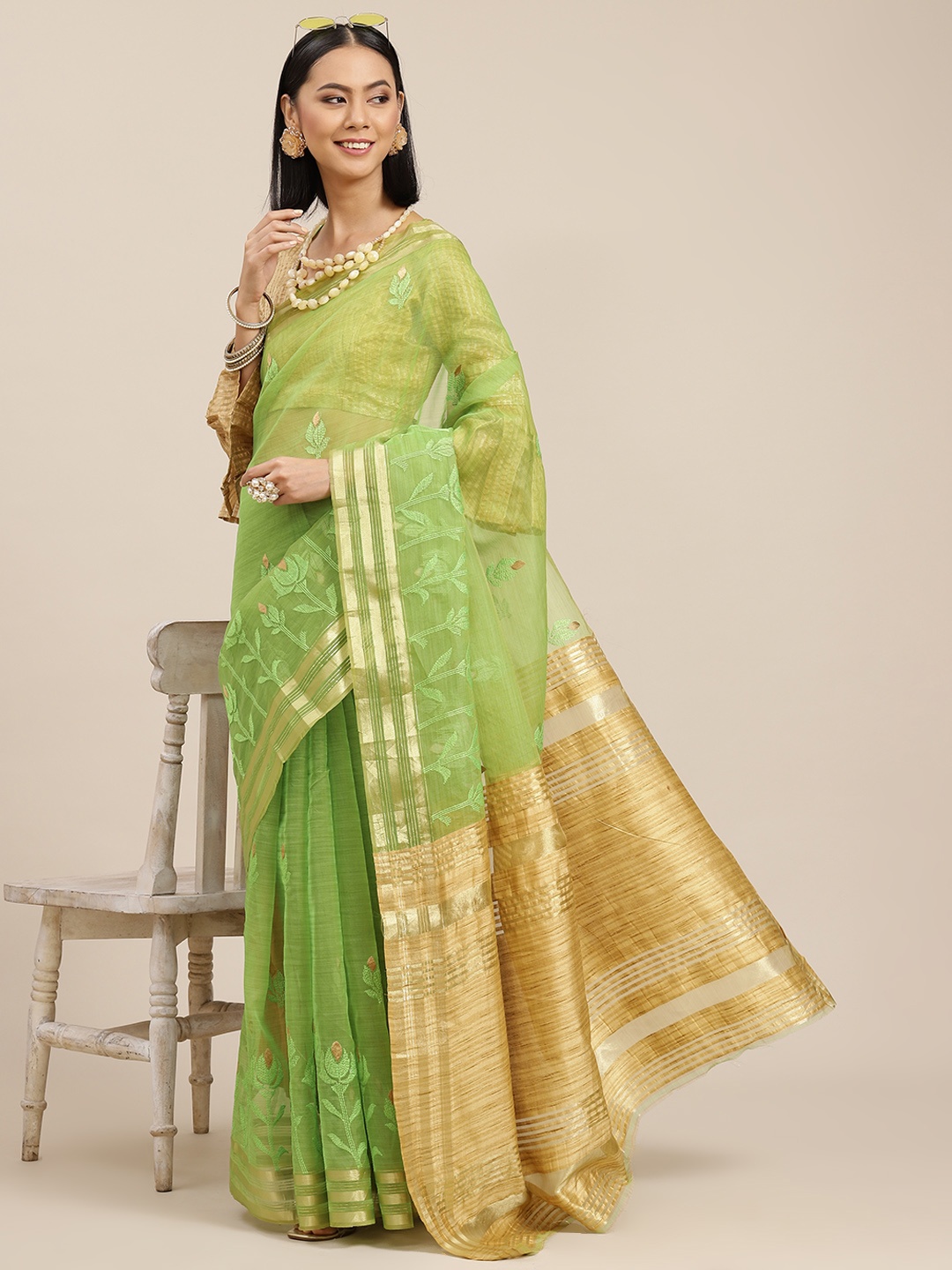 

SERONA FABRICS Green Floral Embroidered Organza Saree