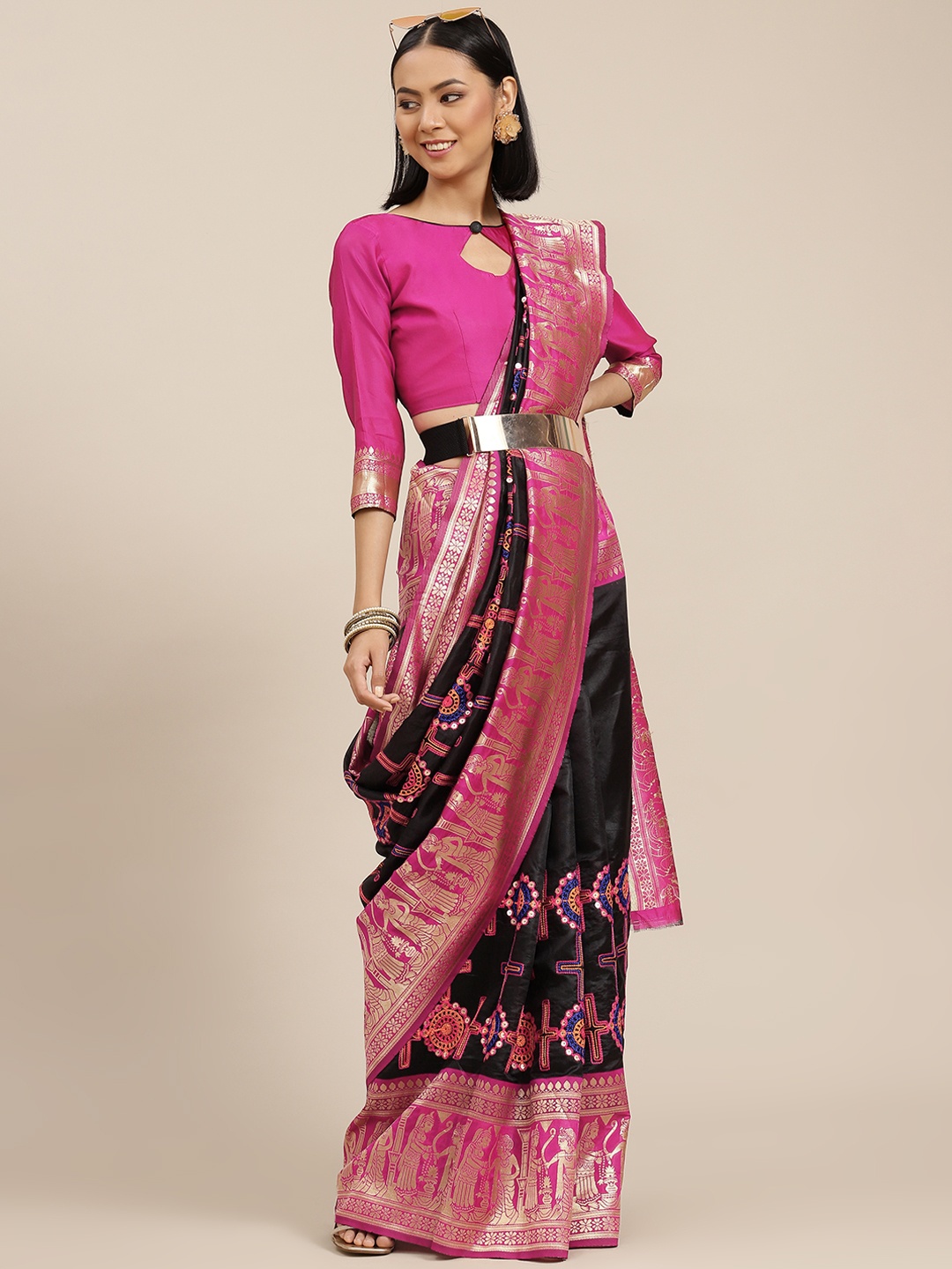 

SERONA FABRICS Black & Pink Woven Design Zari Silk Blend Banarasi Saree