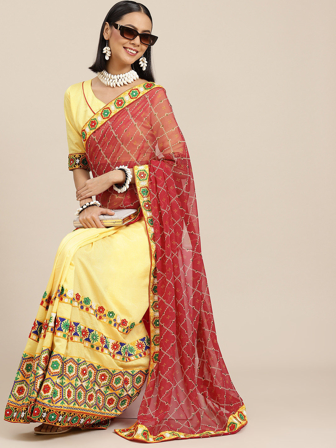 

SERONA FABRICS Pink & Yellow Bandhani Embroidered Pure Georgette Half and Half Bandhani Saree